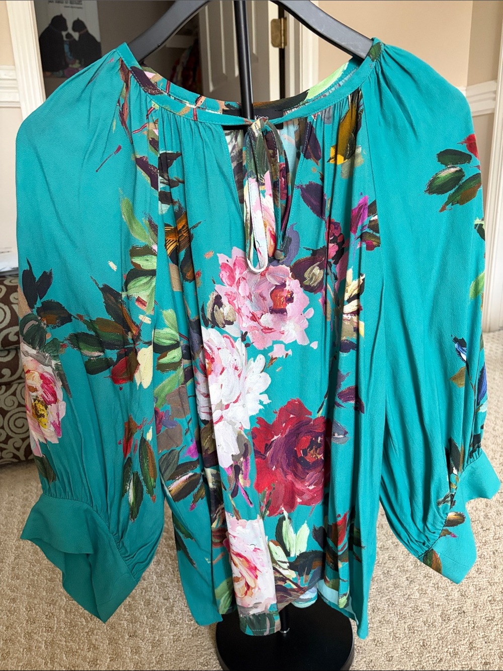 Karen Kane Teal Floral Tie-Neck Blouse